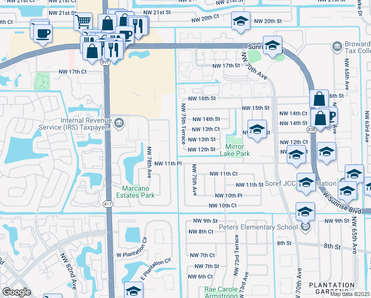map of restaurants, bars, coffee shops, grocery stores, and more near 7550 Northwest 12th Street in Plantation