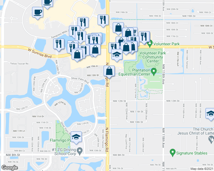 map of restaurants, bars, coffee shops, grocery stores, and more near 1334 Northwest 125th Terrace in Sunrise