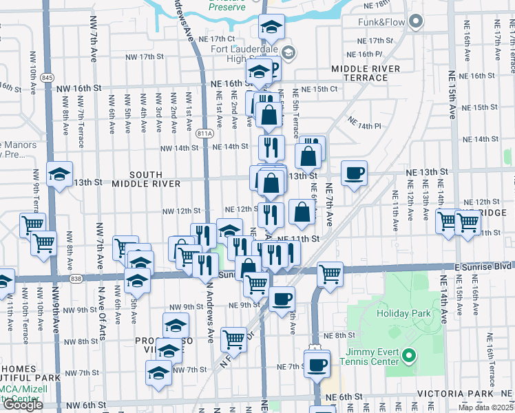 map of restaurants, bars, coffee shops, grocery stores, and more near 1145 Northeast 3rd Avenue in Fort Lauderdale