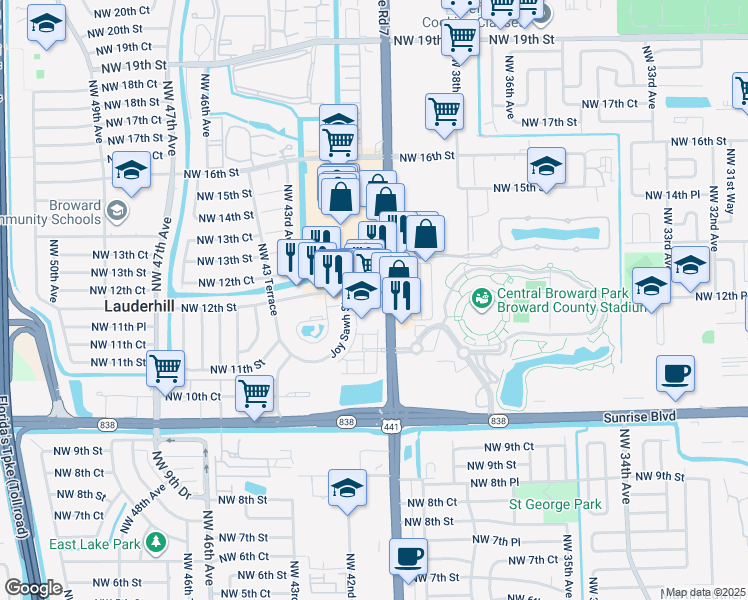 map of restaurants, bars, coffee shops, grocery stores, and more near 4000 Northwest 12th Street in Lauderhill