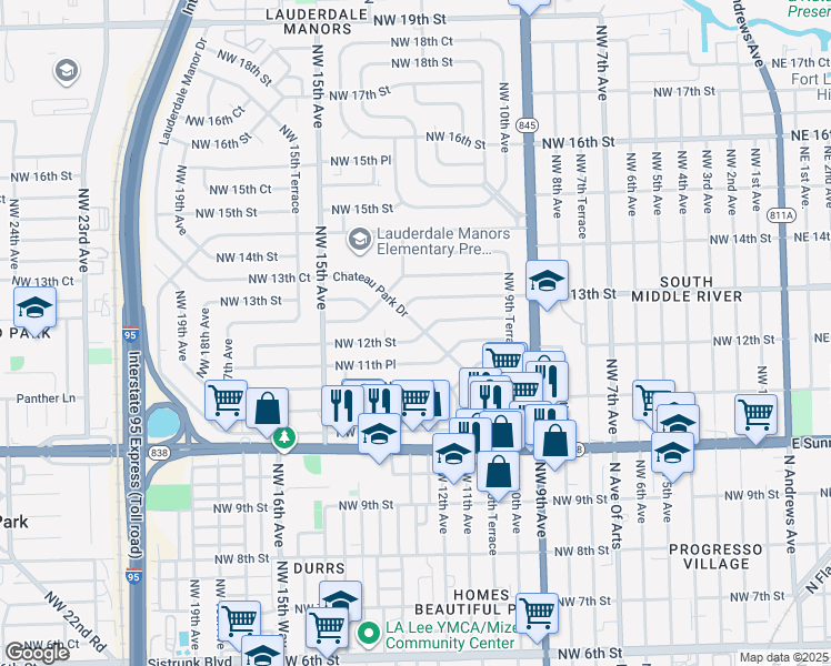 map of restaurants, bars, coffee shops, grocery stores, and more near 1201 Chateau Park Drive in Fort Lauderdale
