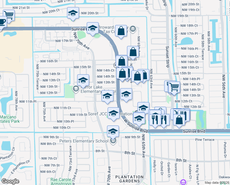 map of restaurants, bars, coffee shops, grocery stores, and more near 6801 Northwest 12th Street in Plantation