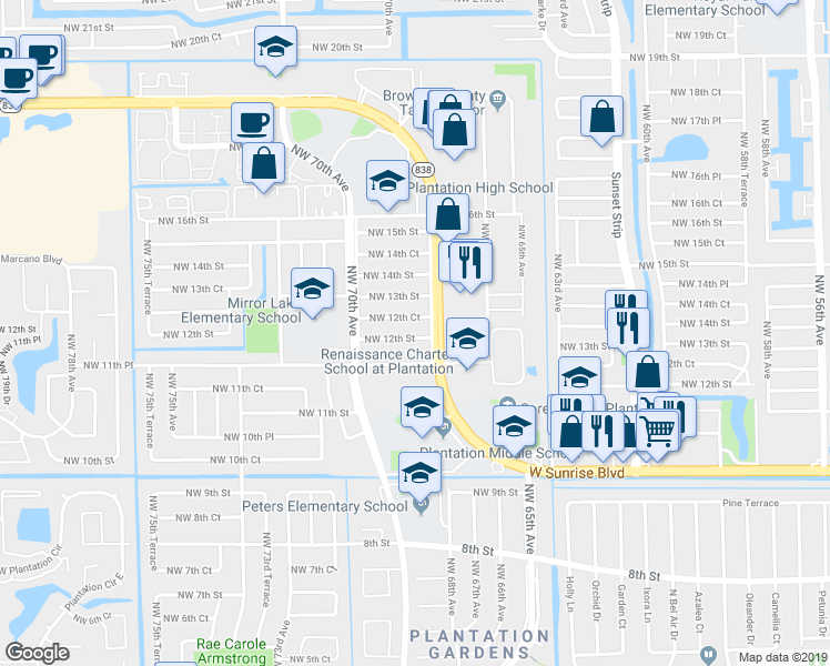 map of restaurants, bars, coffee shops, grocery stores, and more near 6801 Northwest 12th Street in Plantation