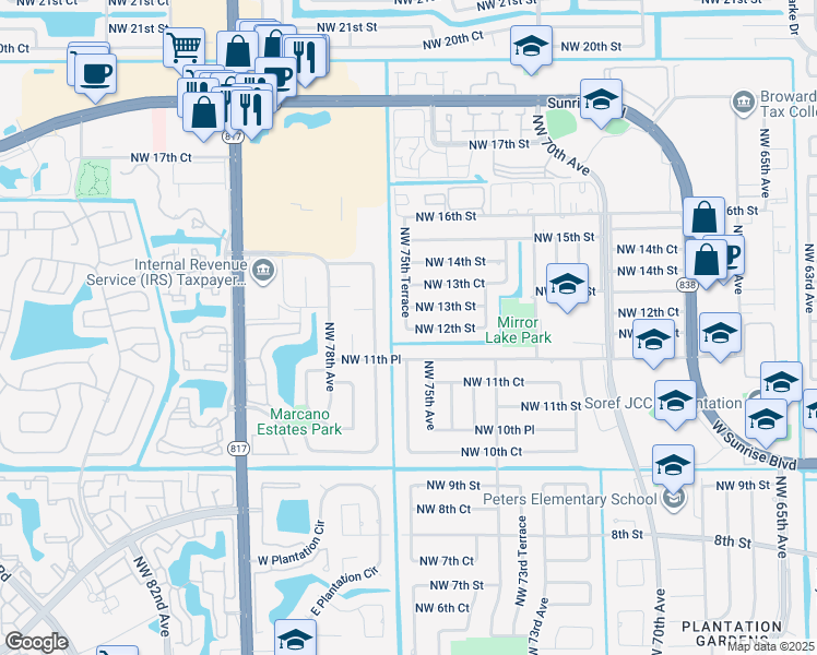 map of restaurants, bars, coffee shops, grocery stores, and more near 7550 Northwest 12th Street in Plantation