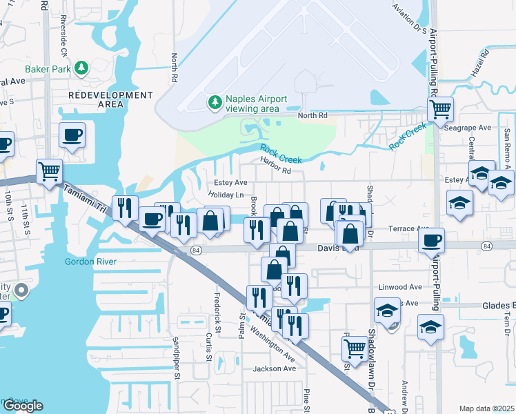 map of restaurants, bars, coffee shops, grocery stores, and more near 1343 Brookside Drive in Naples