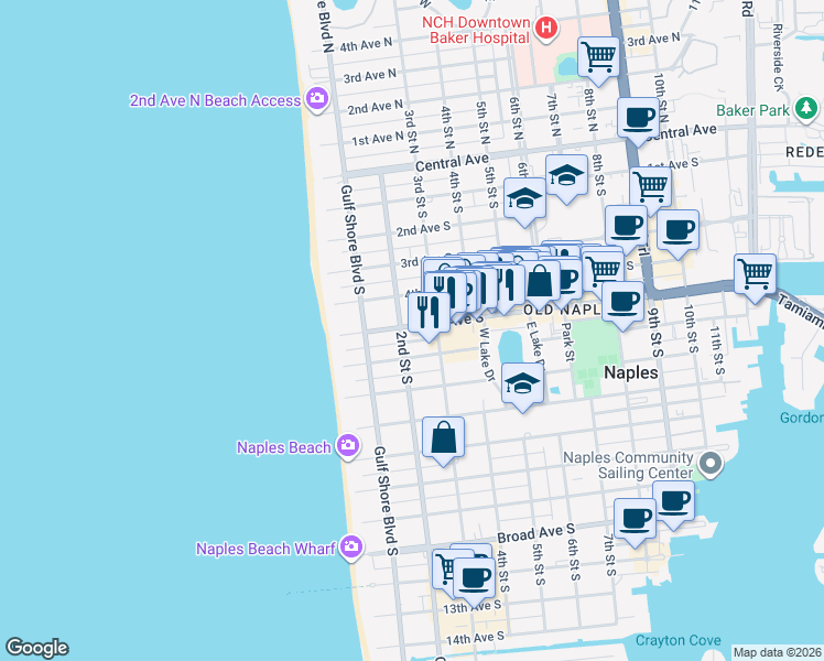 map of restaurants, bars, coffee shops, grocery stores, and more near 240 5th Avenue South in Naples
