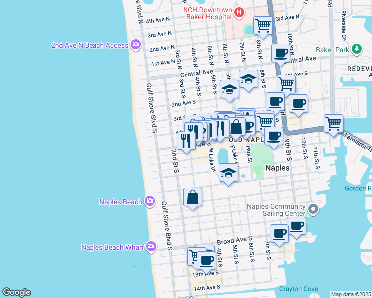 map of restaurants, bars, coffee shops, grocery stores, and more near 240 5th Avenue South in Naples