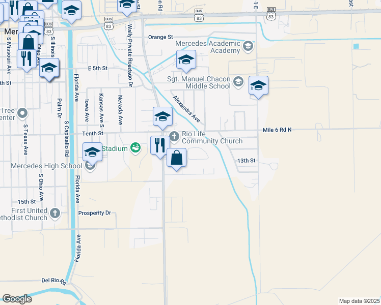 map of restaurants, bars, coffee shops, grocery stores, and more near 913 Arroyo Circle in Mercedes