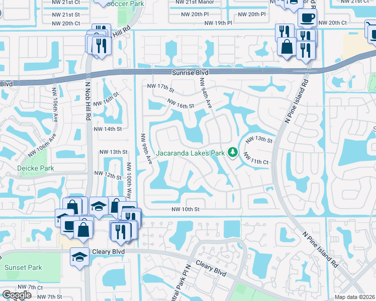 map of restaurants, bars, coffee shops, grocery stores, and more near 9520 Northwest 13th Street in Plantation