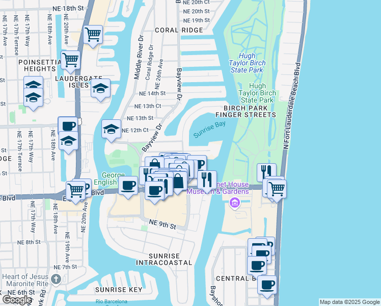 map of restaurants, bars, coffee shops, grocery stores, and more near 20 Yacht Club Boulevard in Fort Lauderdale
