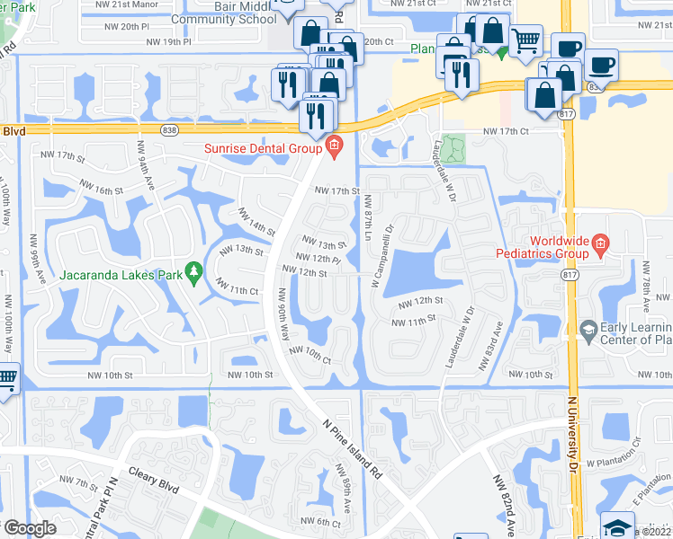 map of restaurants, bars, coffee shops, grocery stores, and more near 8911 Northwest 12th Street in Plantation