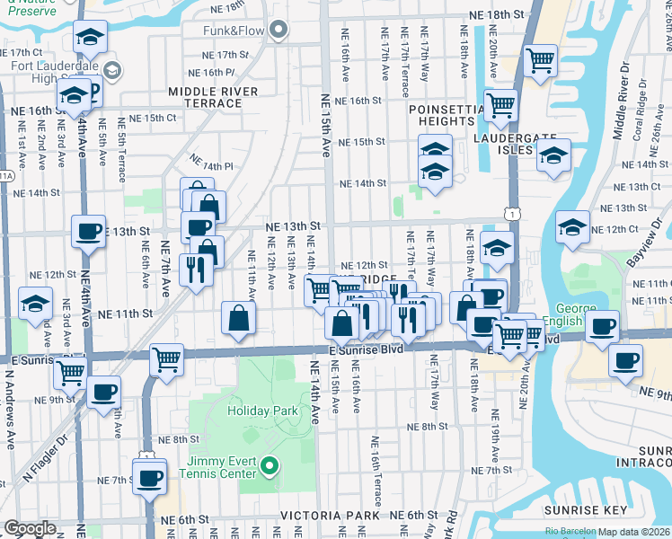 map of restaurants, bars, coffee shops, grocery stores, and more near 1136 Northeast 15th Avenue in Fort Lauderdale