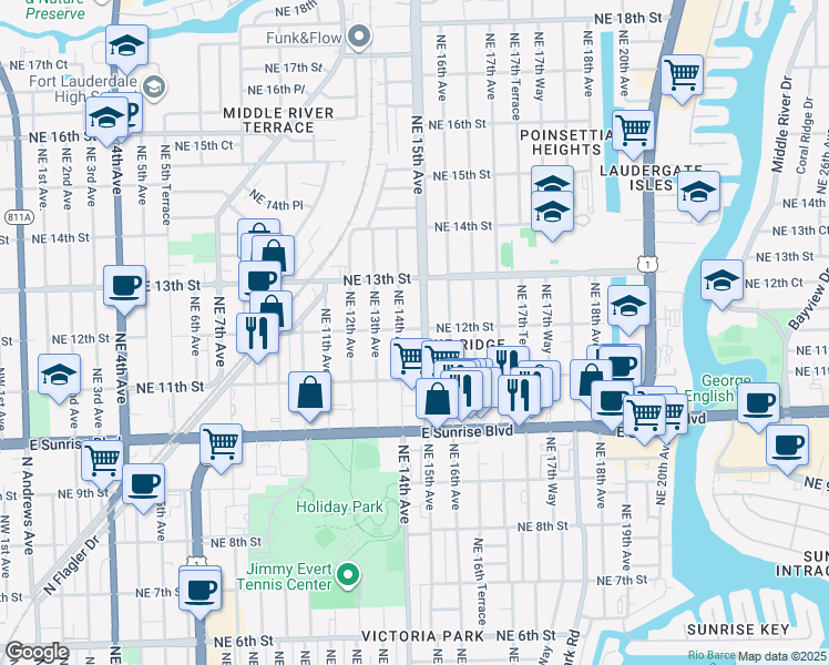 map of restaurants, bars, coffee shops, grocery stores, and more near 1136 Northeast 15th Avenue in Fort Lauderdale