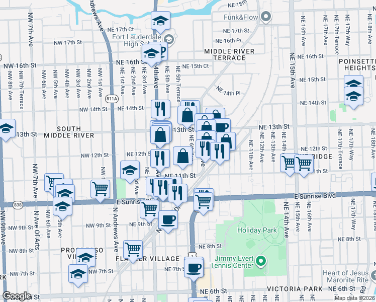map of restaurants, bars, coffee shops, grocery stores, and more near 1142 Northeast 6th Avenue in Fort Lauderdale