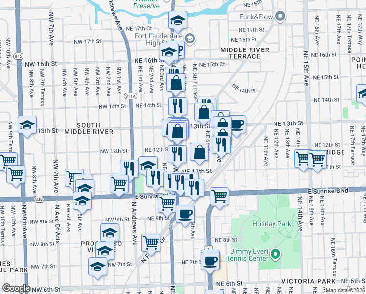 map of restaurants, bars, coffee shops, grocery stores, and more near 1200 Northeast 4th Avenue in Fort Lauderdale
