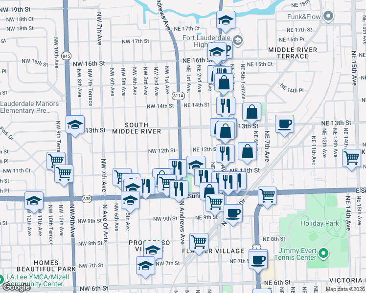 map of restaurants, bars, coffee shops, grocery stores, and more near 1201 Northeast 1st Avenue in Fort Lauderdale