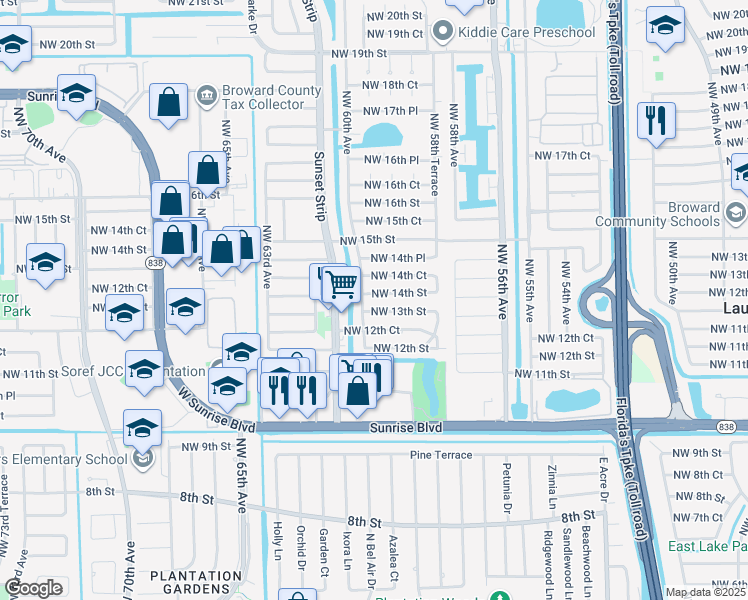 map of restaurants, bars, coffee shops, grocery stores, and more near 1301 Northwest 60th Avenue in Sunrise