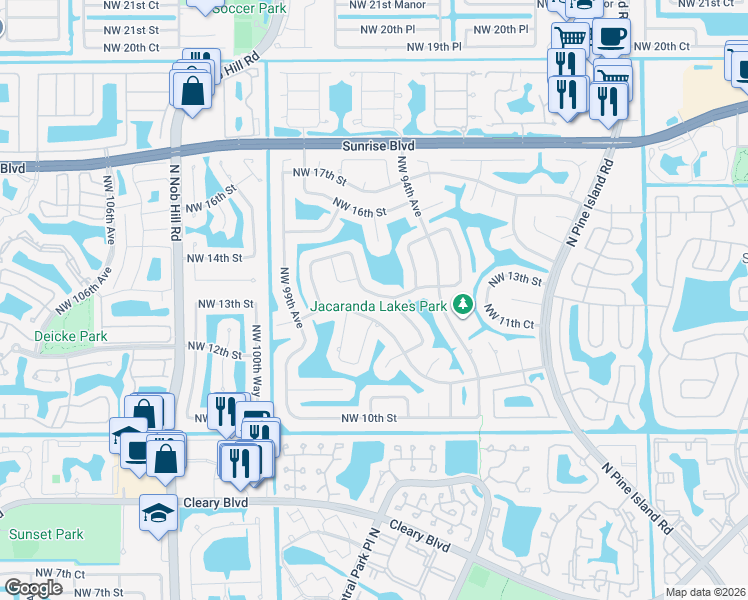 map of restaurants, bars, coffee shops, grocery stores, and more near 9520 Northwest 13th Street in Plantation