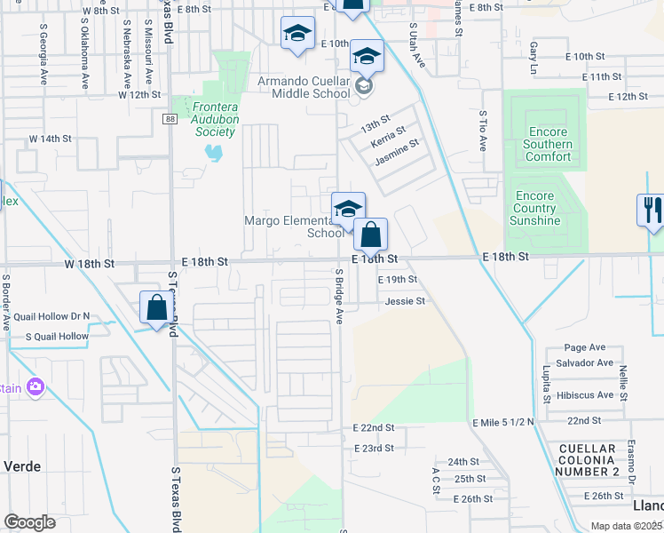 map of restaurants, bars, coffee shops, grocery stores, and more near 607 Buena Vista Drive in Weslaco