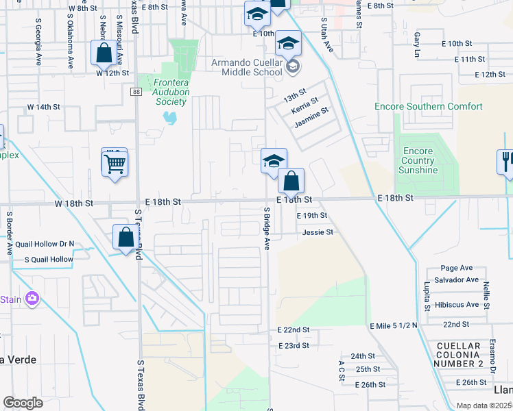 map of restaurants, bars, coffee shops, grocery stores, and more near 607 Buena Vista Drive in Weslaco