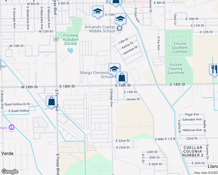 map of restaurants, bars, coffee shops, grocery stores, and more near 608 Buena Vista Drive in Weslaco
