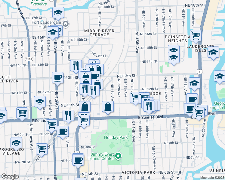 map of restaurants, bars, coffee shops, grocery stores, and more near 1100 Northeast 12th Street in Fort Lauderdale