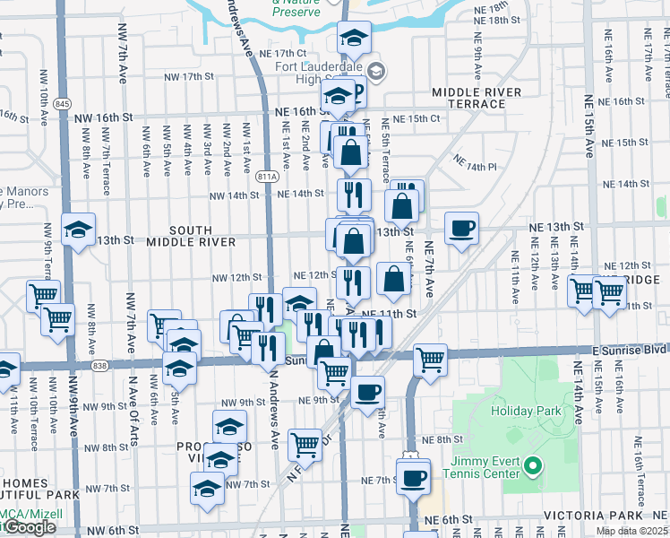 map of restaurants, bars, coffee shops, grocery stores, and more near 1145 Northeast 3rd Avenue in Fort Lauderdale