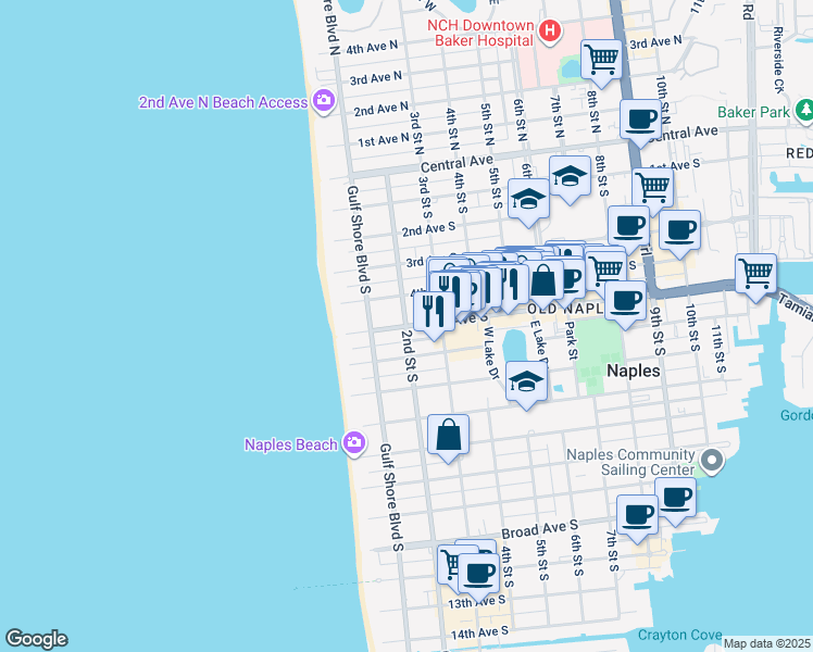 map of restaurants, bars, coffee shops, grocery stores, and more near 204 5th Avenue South in Naples