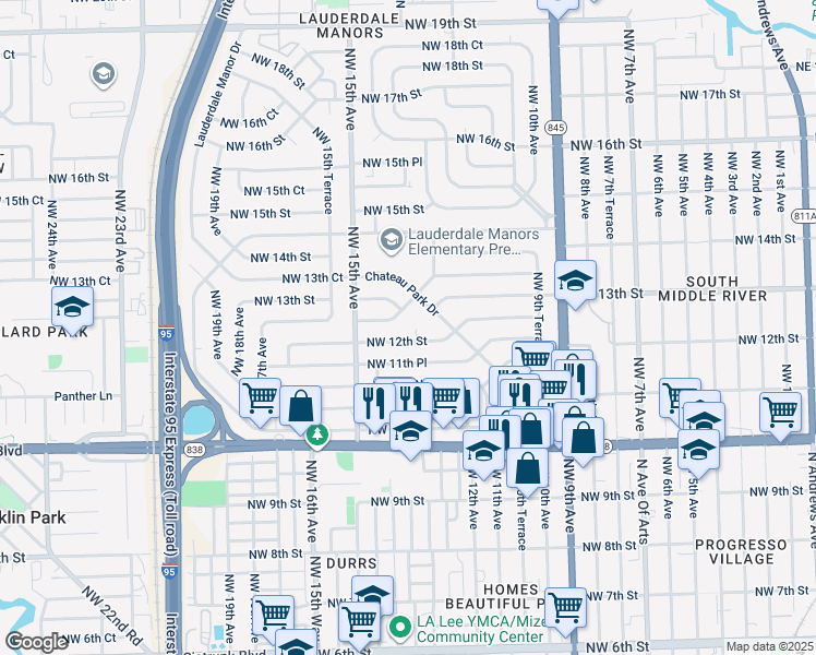 map of restaurants, bars, coffee shops, grocery stores, and more near 1301 Northwest 12th Street in Fort Lauderdale