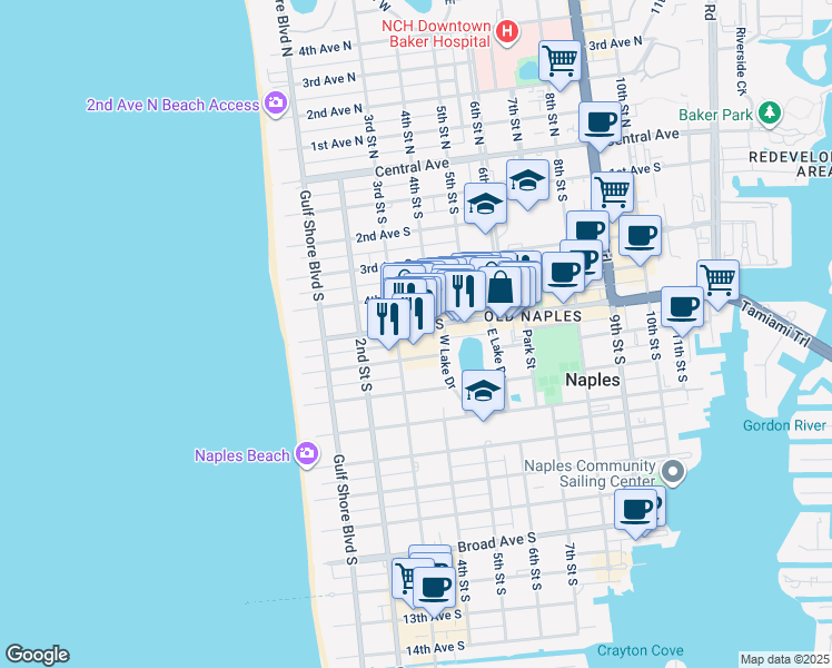 map of restaurants, bars, coffee shops, grocery stores, and more near 340 5th Avenue South in Naples