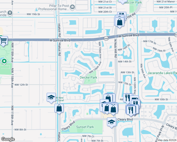 map of restaurants, bars, coffee shops, grocery stores, and more near 1290 Northwest 106th Terrace in Plantation