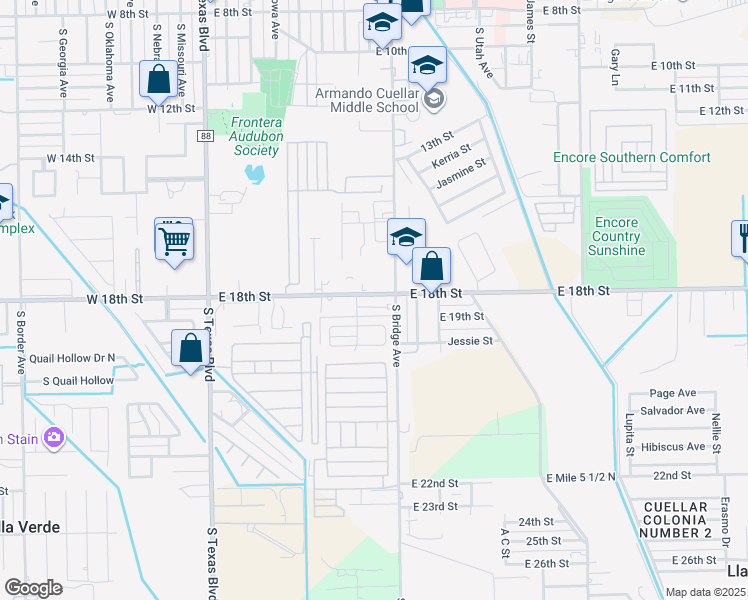map of restaurants, bars, coffee shops, grocery stores, and more near 607 Buena Vista Drive in Weslaco