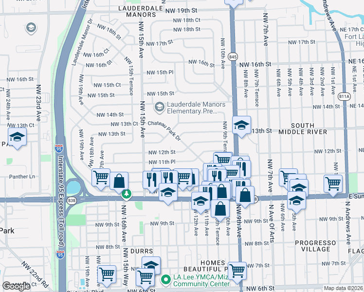 map of restaurants, bars, coffee shops, grocery stores, and more near 1201 Chateau Park Drive in Fort Lauderdale