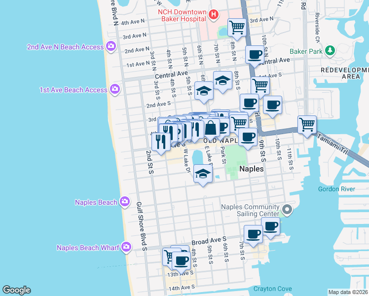 map of restaurants, bars, coffee shops, grocery stores, and more near 571 West Lake Drive in Naples