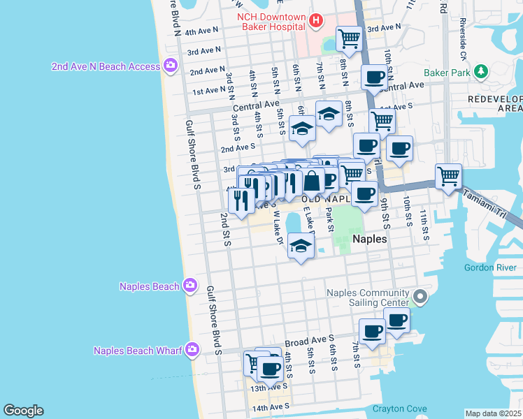 map of restaurants, bars, coffee shops, grocery stores, and more near 340 5th Avenue South in Naples