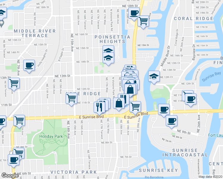 map of restaurants, bars, coffee shops, grocery stores, and more near 1145 Northeast 17th Way in Fort Lauderdale