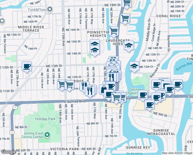 map of restaurants, bars, coffee shops, grocery stores, and more near 1145 Northeast 17th Way in Fort Lauderdale