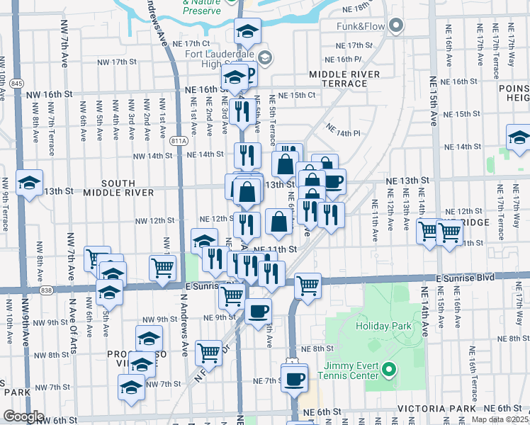 map of restaurants, bars, coffee shops, grocery stores, and more near 1145 Northeast 5th Terrace in Fort Lauderdale