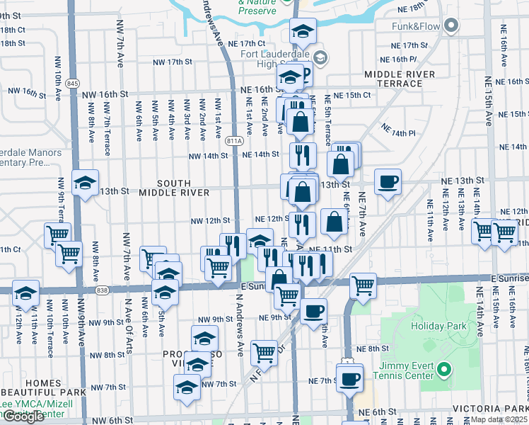 map of restaurants, bars, coffee shops, grocery stores, and more near 1145 Northeast 3rd Avenue in Fort Lauderdale