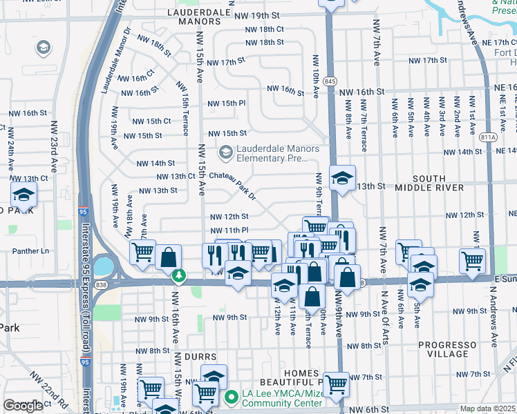 map of restaurants, bars, coffee shops, grocery stores, and more near 1201 Chateau Park Drive in Fort Lauderdale