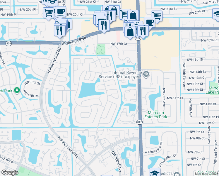 map of restaurants, bars, coffee shops, grocery stores, and more near 8528 Northwest 12th Court in Plantation
