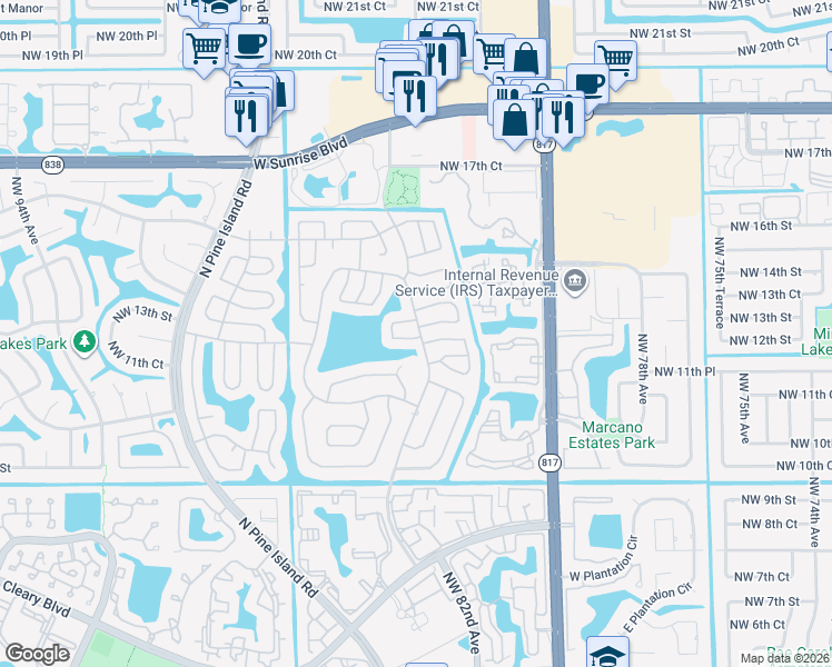 map of restaurants, bars, coffee shops, grocery stores, and more near 8528 Northwest 12th Court in Plantation