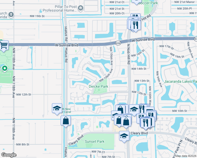 map of restaurants, bars, coffee shops, grocery stores, and more near 1290 Northwest 106th Terrace in Plantation