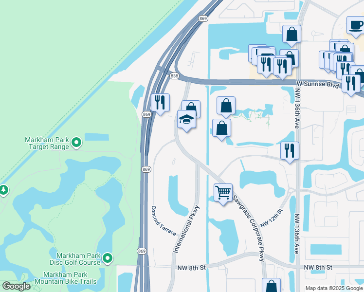 map of restaurants, bars, coffee shops, grocery stores, and more near 1350 Sawgrass Corporate Parkway in Sunrise