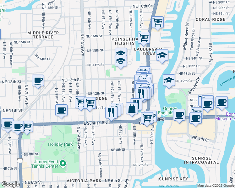 map of restaurants, bars, coffee shops, grocery stores, and more near 1145 Northeast 17th Way in Fort Lauderdale
