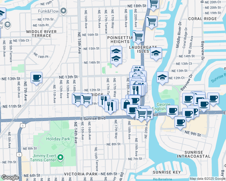 map of restaurants, bars, coffee shops, grocery stores, and more near 1145 Northeast 17th Way in Fort Lauderdale