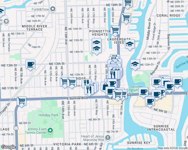 map of restaurants, bars, coffee shops, grocery stores, and more near 1145 Northeast 17th Way in Fort Lauderdale