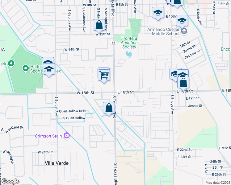 map of restaurants, bars, coffee shops, grocery stores, and more near 101 West 18th Street in Weslaco