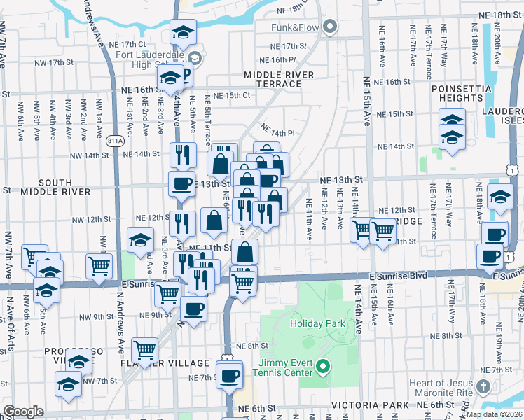 map of restaurants, bars, coffee shops, grocery stores, and more near 1140 Northeast 7th Avenue in Fort Lauderdale