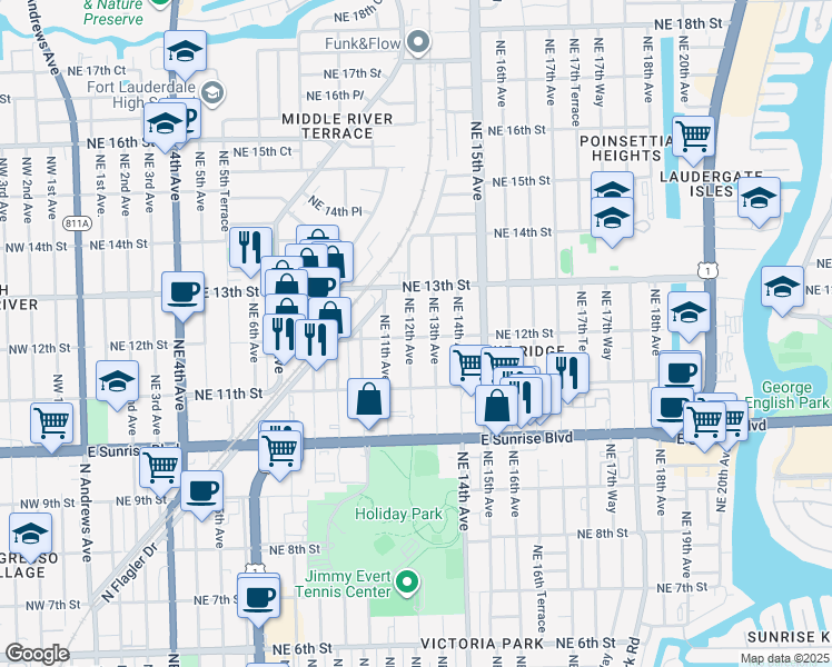 map of restaurants, bars, coffee shops, grocery stores, and more near 1200 Northeast 12th Avenue in Fort Lauderdale